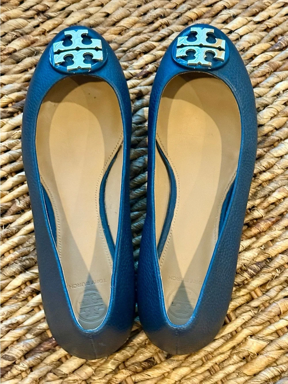 Tory Burch Navy Leather Logo Flats with Gold Emblem